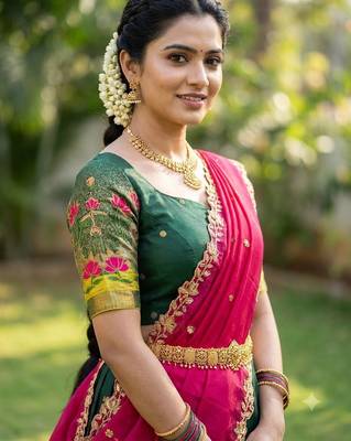 Beautiful South Indian Style Semi-Stitched Half Saree with Blouse and Dupatta for Women 4