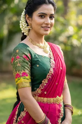 Beautiful South Indian Style Semi-Stitched Half Saree with Blouse and Dupatta for Women