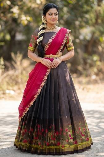 South Indian Style Half Saree with Blouse and Dupatta
