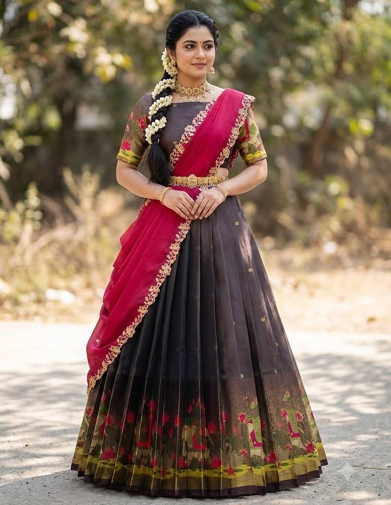 South Indian Style Half Saree with Blouse and Dupatta