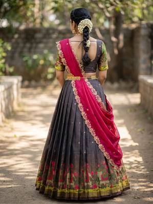 South Indian Style Half Saree with Blouse and Dupatta 2
