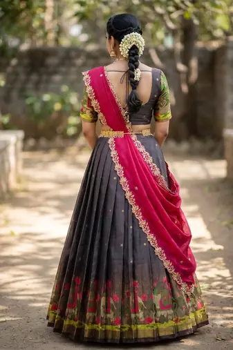 South Indian Style Half Saree with Blouse and Dupatta