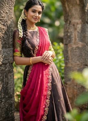 South Indian Style Half Saree with Blouse and Dupatta 3