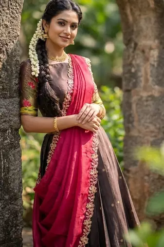 South Indian Style Half Saree with Blouse and Dupatta