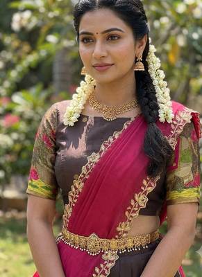 South Indian Style Half Saree with Blouse and Dupatta 4