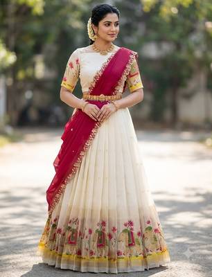 South Indian Style Half Saree with Blouse and Dupatta 1