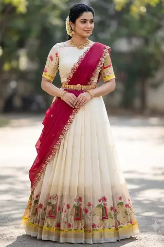 South Indian Style Half Saree with Blouse and Dupatta