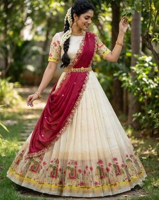 South Indian Style Half Saree with Blouse and Dupatta 3