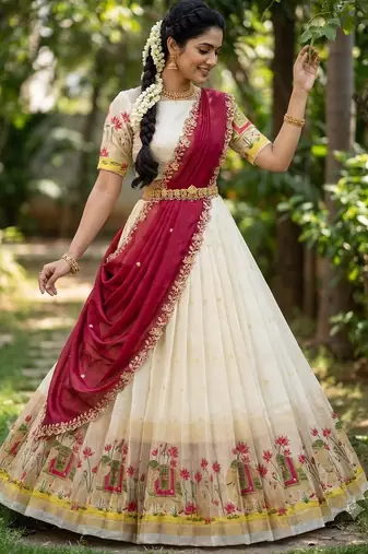 South Indian Style Half Saree with Blouse and Dupatta