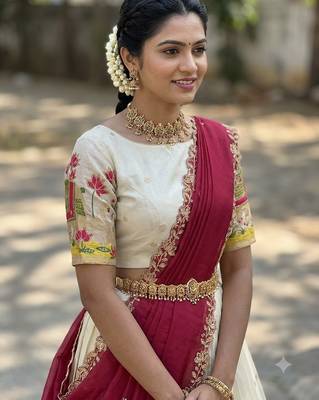 South Indian Style Half Saree with Blouse and Dupatta 4