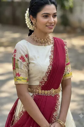 South Indian Style Half Saree with Blouse and Dupatta