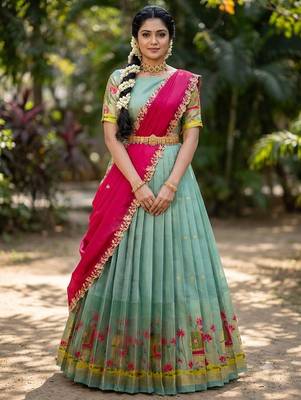 South Indian Style Half Saree with Blouse and Dupatta 1