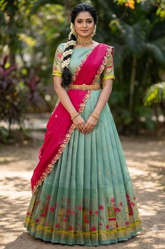 South Indian Style Half Saree with Blouse and Dupatta