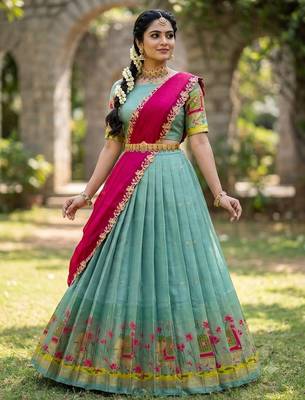 South Indian Style Half Saree with Blouse and Dupatta 2