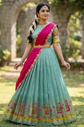 South Indian Style Half Saree with Blouse and Dupatta