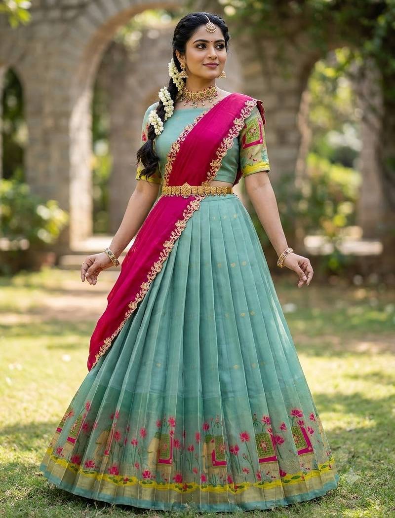 South Indian Style Half Saree with Blouse and Dupatta
