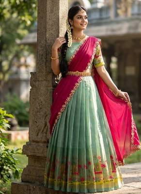 South Indian Style Half Saree with Blouse and Dupatta 3