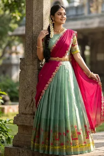 South Indian Style Half Saree with Blouse and Dupatta