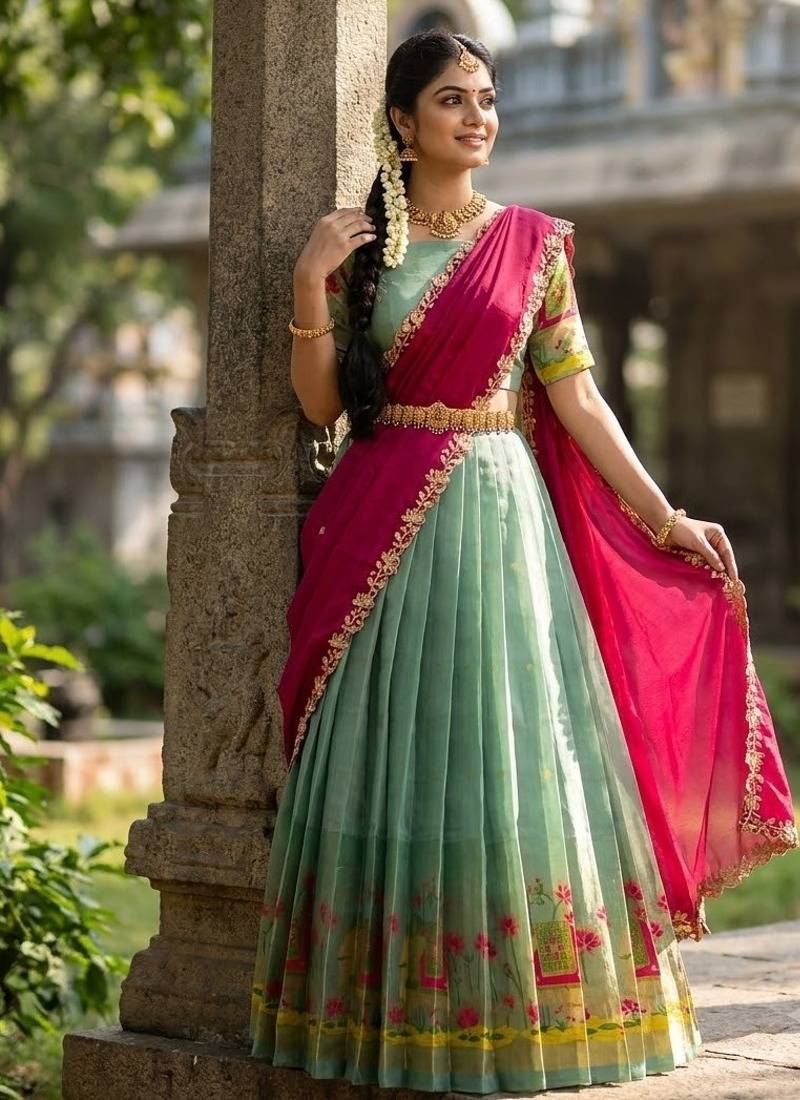 South Indian Style Half Saree with Blouse and Dupatta
