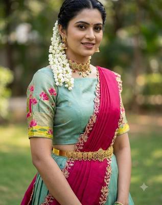 South Indian Style Half Saree with Blouse and Dupatta 4
