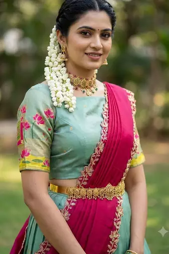 South Indian Style Half Saree with Blouse and Dupatta