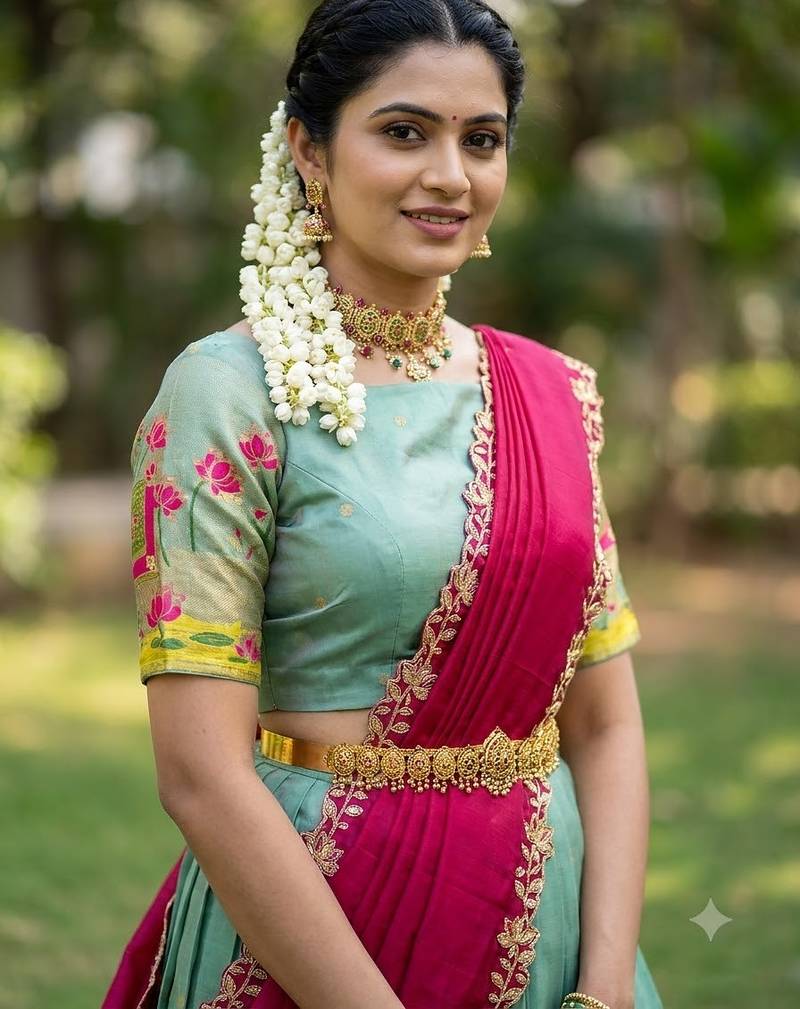 South Indian Style Half Saree with Blouse and Dupatta