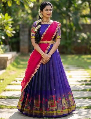South Indian Style Half Saree with Blouse and Dupatta 1