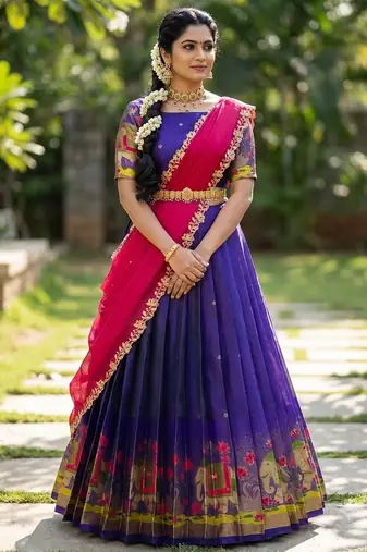 South Indian Style Half Saree with Blouse and Dupatta