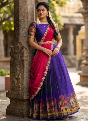 South Indian Style Half Saree with Blouse and Dupatta 2