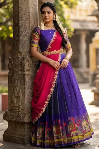 South Indian Style Half Saree with Blouse and Dupatta