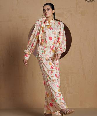 Elegant cream co-ord set with abstract floral and artistic print design 5