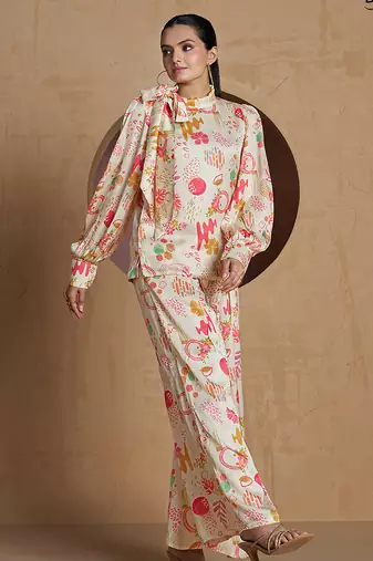 Elegant cream co-ord set with abstract floral and artistic print design