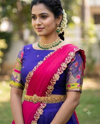 South Indian Style Half Saree with Blouse and Dupatta 4