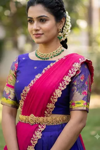 South Indian Style Half Saree with Blouse and Dupatta