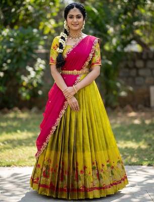 South Indian Style Half Saree with Blouse and Dupatta 1