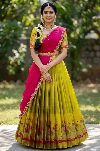 South Indian Style Half Saree with Blouse and Dupatta