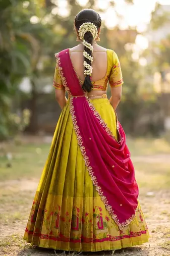 South Indian Style Half Saree with Blouse and Dupatta