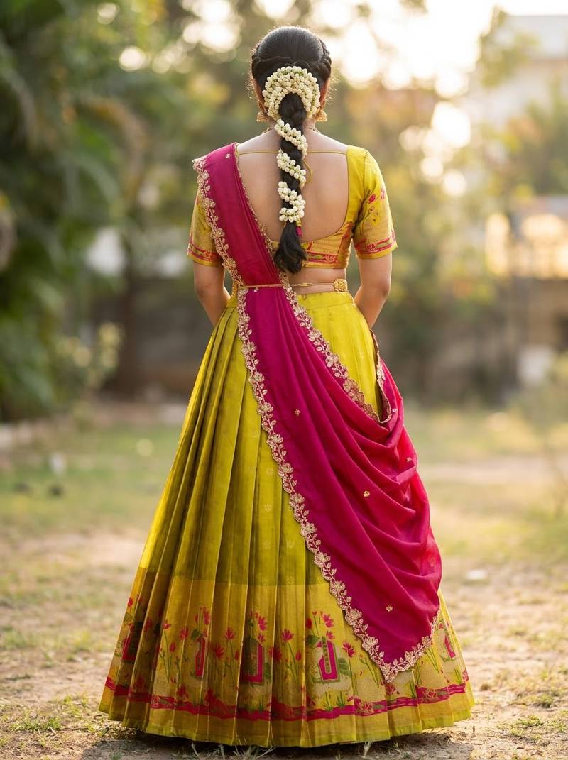 South Indian Style Half Saree with Blouse and Dupatta