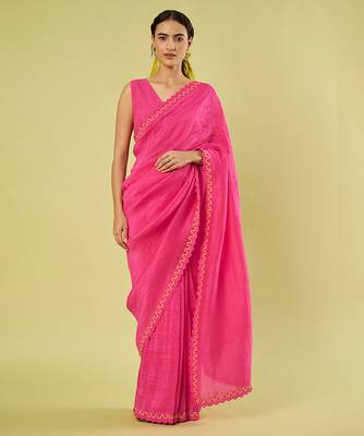 Pink embroidered linen khadi cotton saree set 1