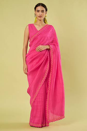 Pink embroidered linen khadi cotton saree set