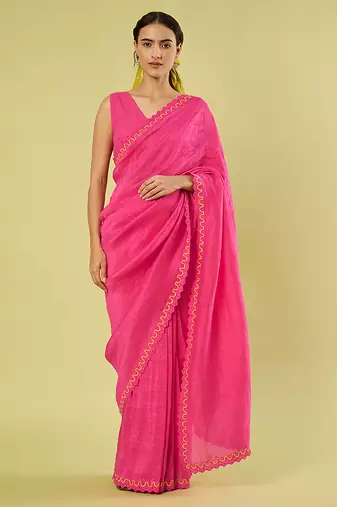 Pink embroidered linen khadi cotton saree set