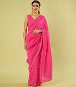 Pink embroidered linen khadi cotton saree set