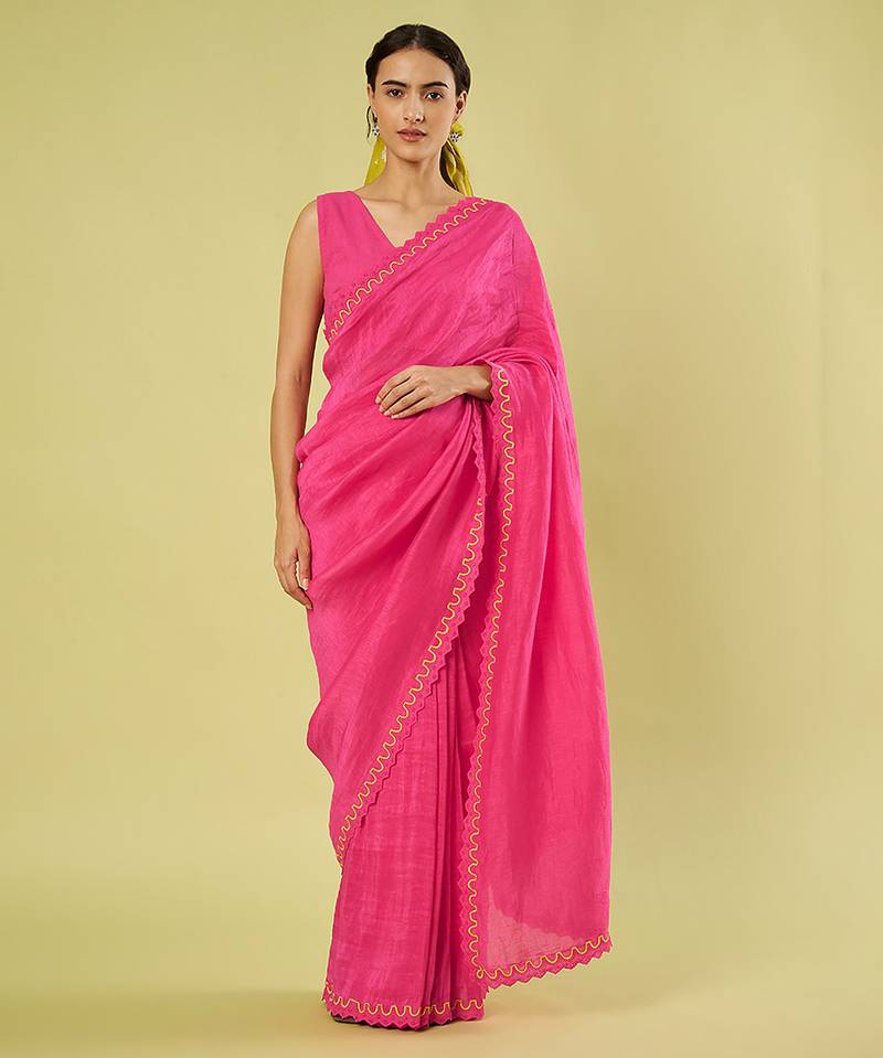 Pink embroidered linen khadi cotton saree set