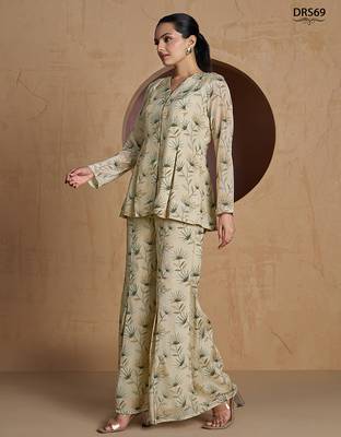 Elegant beige floral printed a-line top with flared palazzo co-ord set 5