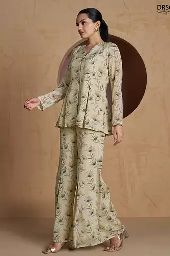 Elegant beige floral printed a-line top with flared palazzo co-ord set