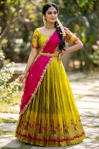 South Indian Style Half Saree with Blouse and Dupatta