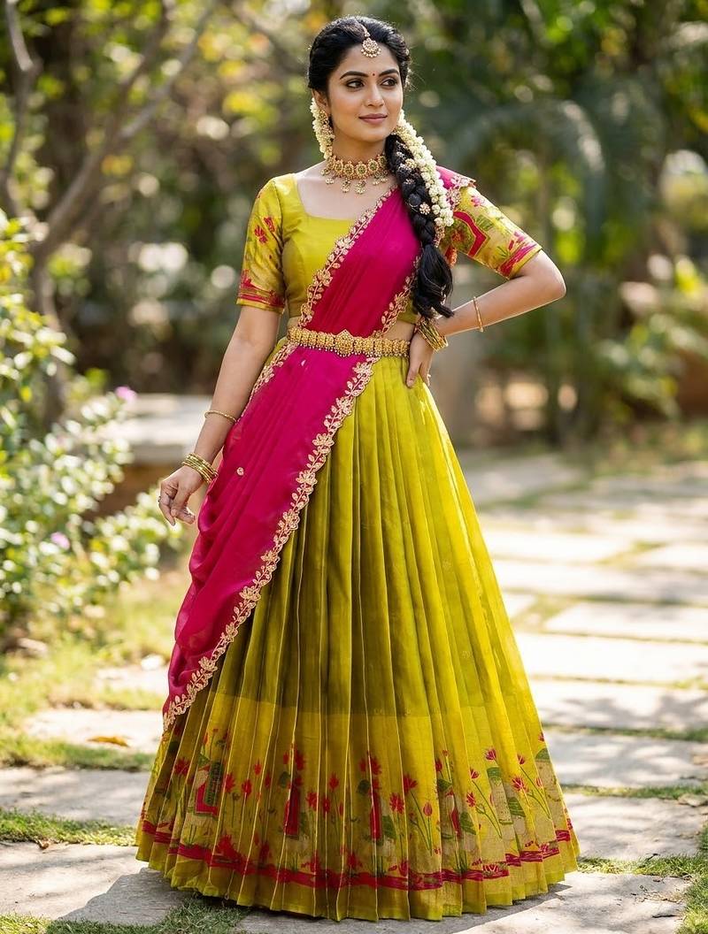 South Indian Style Half Saree with Blouse and Dupatta