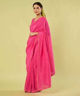 Pink embroidered linen khadi cotton saree set 2
