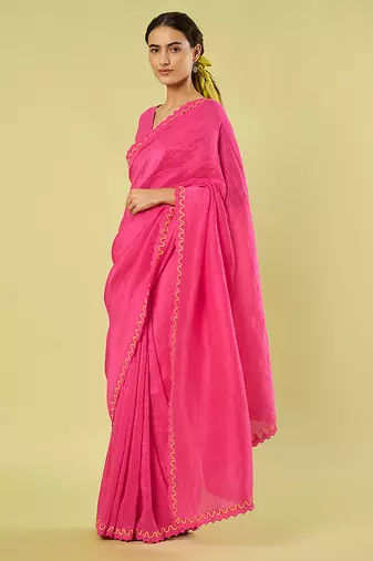 Pink embroidered linen khadi cotton saree set