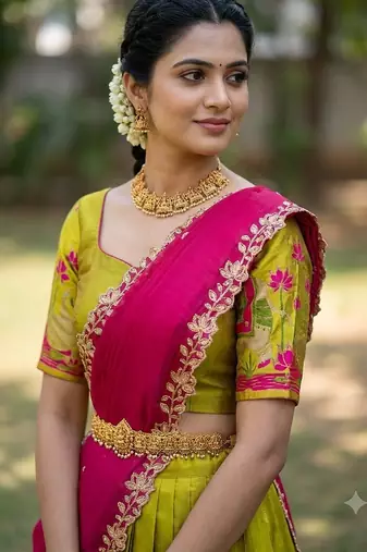 South Indian Style Half Saree with Blouse and Dupatta